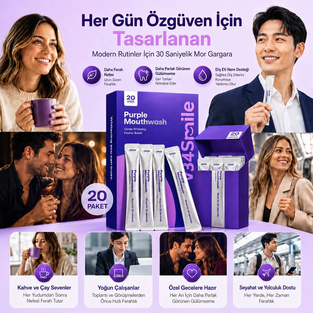 V34Smile™ Anında Diş Beyazlatıcı Mor Gargara